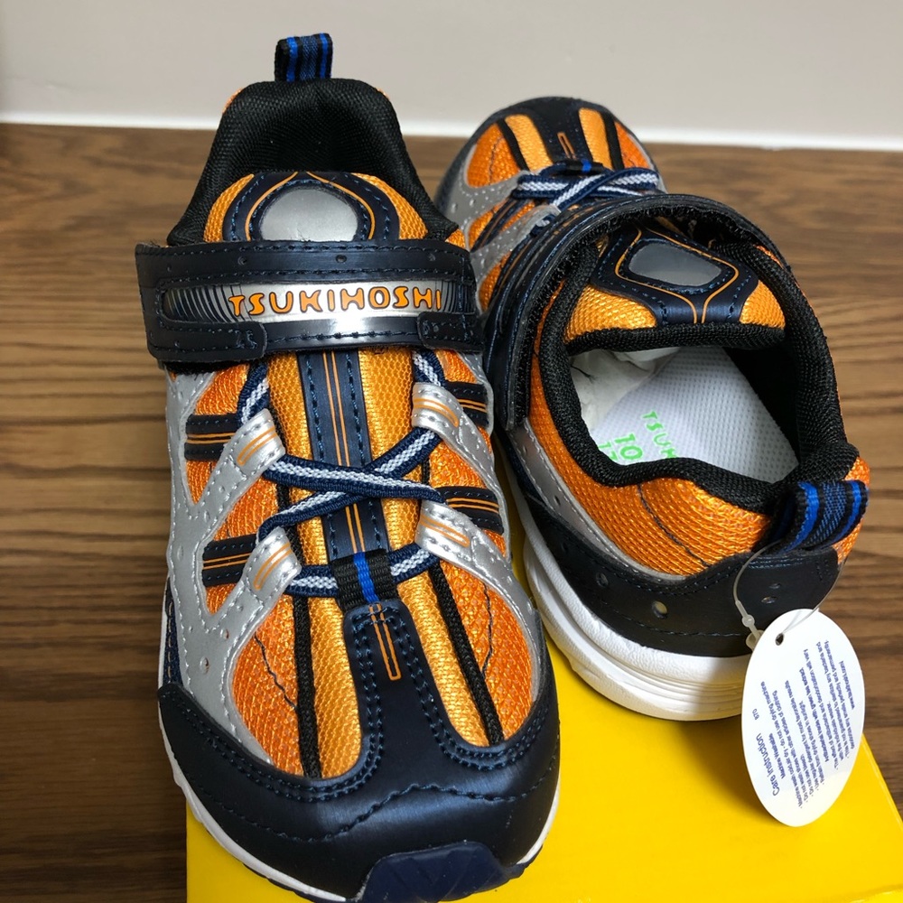 Tsukihoshi orange and blue toddler shoe